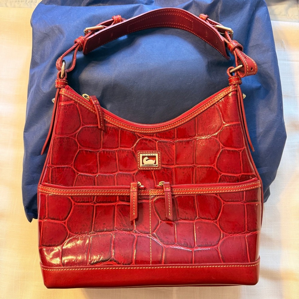 Dooney & Bourke Hobo Bag Womens Red Excellent Vintage Croc Embossed Leather